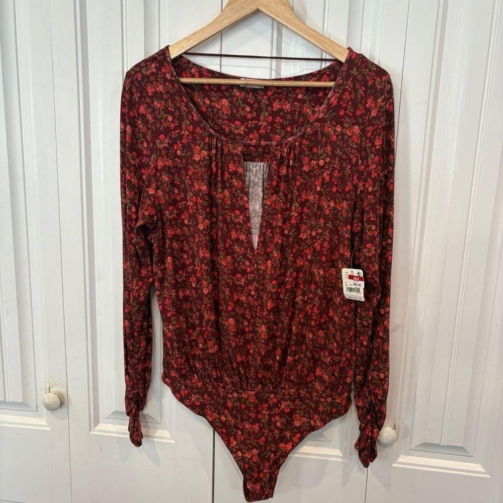 Free People Red Floral Long Sleeve Bodysuit